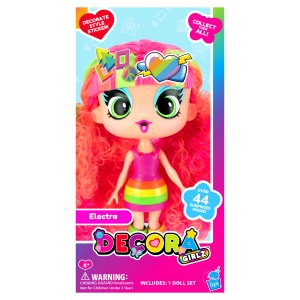 Păpușă Mini Decora Electra 13 cm cu Accesorii – Păpușă de Personalizat, Peste 40 Surprize, păr lung, colecția Decora Girlz