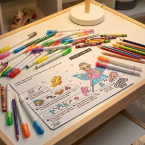 Planșă de colorat reutilizabilă, din silicon, cu 4 markere lavabile, Atelier de creație, 21x29.7 cm, Genie Pets, Whimsy Workshop