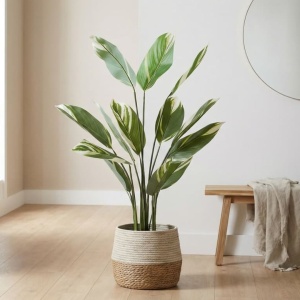 Plantă artificială Calathea 118 cm, cu frunze verzi variegate, aspect realist, pentru interior, ghiveci negru inclus