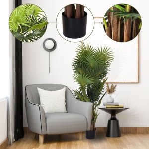 Plantă artificială Palmier 120 cm, bogată în frunze verzi cu detalii realiste și tulpini cu inserții de material natural, ghiveci negru inclus