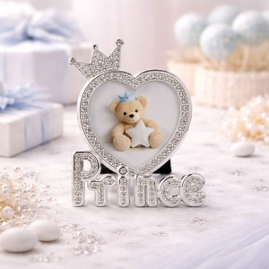 Prince AZAY Photo Frame with Crown and Crystals, 5x5 cm, Baby Photo Frame, Christening/Newborn Gift, Gift Box Included