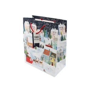 Pungă cadou Crăciun Eurowrap, model iarnă cu Moș Crăciun, 26,5 x 33 cm, cu burduf 14 cm și tag, reciclabilă