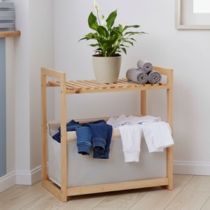Raft de depozitare din lemn cu polița și coș textil 36x22x39 cm 