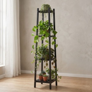 Raft din lemn pentru flori cu 4 polițe, culoare negru, 30x30x150 cm