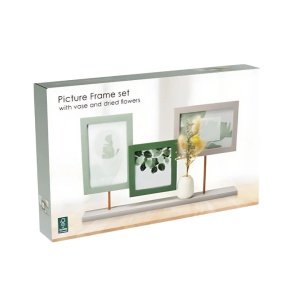 Ramă foto decorativă, cu vază, colaj pentru 3 poze, culoare verde