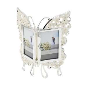 Ramă Foto Dublă AZAY Tip Fluture cu Flori și Cristale, 2 Poze 5x8 cm, 16x15 cm, Cutie Cadou Premium Inclusă