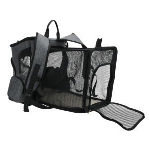 Rucsac pentru transport animale de companie Jumi, ventilat, fund rigid, fereastră laterală cu fermoar, compartiment pentru apă, gri închis