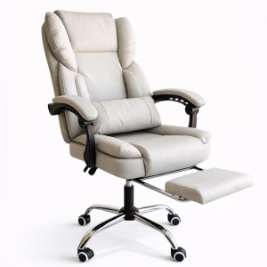 Scaun birou ergonomic skyline, reclinabil 90–155°, suport picioare extensibil, piele ecologică crem, suport lombar, bază metalică, 150 kg, KO51K