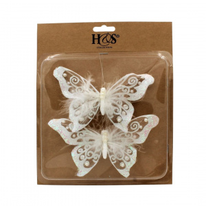 Set 2 fluturi decorativi pentru bradul de Crăciun, H&S Collection, cu clips, pene albe, perle și sclipici