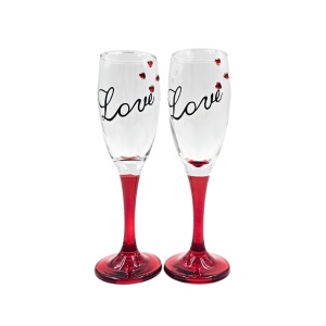 Set 2 pahare, de șampanie, cu inimioare, bază roșie, mesaj Love, 20 cm