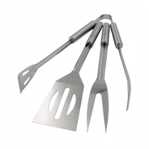 Set 3 ustensile pentru grătar – inox, 35 cm: spatulă, furculiță și clește