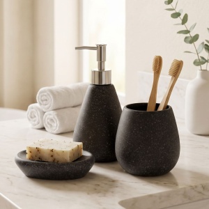Set accesorii de baie 3 piese, din ceramică, culoare negru, design modern