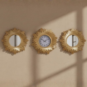 Set ceas de perete decorativ cu oglinzi, culoare auriu, model soare, design modern