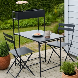 Set masă și 2 scaune pliabile cu etajeră metalică, design compact, 100×60×140 cm, ideal pentru balcon sau bucătărie