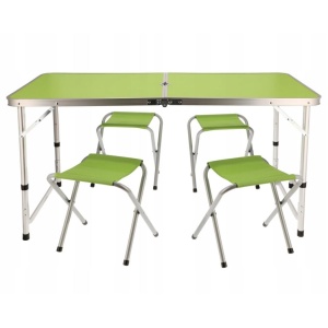 Set mobilier de camping pliabil, Jumi, verde, masă cu picioare reglabile și 4 tabureți