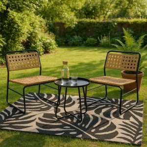 Set mobilier grădină 2 scaune și masă rotundă, structură metalică, împletitură ratan sintetic, culoare natur-negru