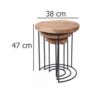 Set 3 măsuțe rotunde, decorative, Home&Styling Collection, lemn de tec și metal