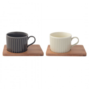 Set porțelan 2 căni 250ml și farfurii lemn acacia gri/verzuliu - Img 1