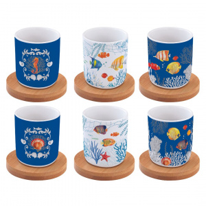 Set porțelan, 6 cești cu suporturi din bambus, 110 ml, Aquarium, Easy Life