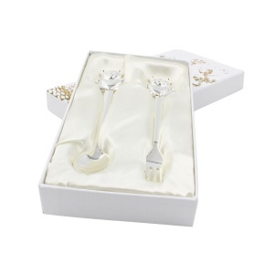 Set tacâmuri copii AZAY ursuleț albastru, linguriță și furculiță, cutie cadou elegantă cu tissue paper, 14.5 cm