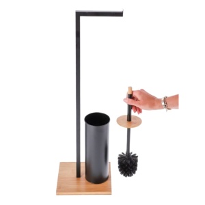 Suport pentru hârtie igienică, Jumi, cu perie WC, metal și bambus, culoare negru