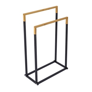 Suport prosoape Jumi, pe două rânduri, metal și bambus, negru și maro, 76x45x22 cm