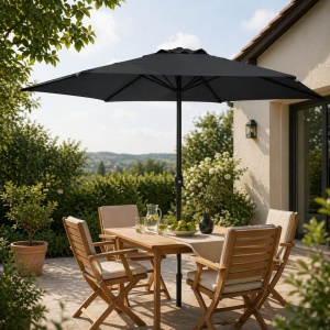 Umbrelă de grădină neagră Ø300 cm, cu sistem de deschidere prin manivelă, structură metalică rezistentă