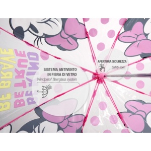 Umbrelă manuală pentru copii Minnie Mouse – 45 cm, cupolă transparentă POE, sistem antivânt din fibră de sticlă, design roz cu buline