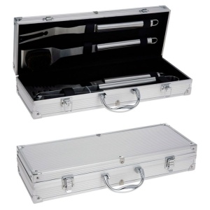 Set ustensile pentru grătar BBQ, 4 piese din inox, cu valiză din aluminiu, 43 cm