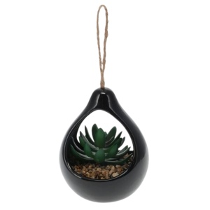 Plantă artificială Suculentă , în suport ceramic negru tip picătură, 14 cm, cu agatatoare din sfoară