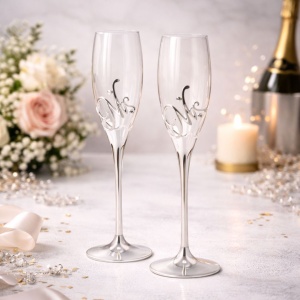 AZAY “Mr & Mrs” champagne glass set with crystals, 26.5 cm, elegant wedding flutes, premium gift with box and tissue paper.