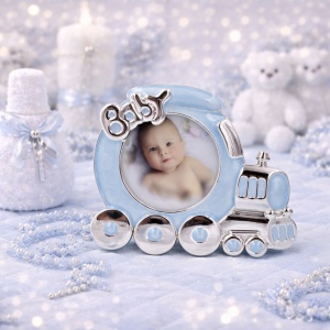AZAY "Baby" Train-Style Photo Frame for Kids, Blue, 5x5 cm & 9.5x8 cm, Baby Room Decor, Newborn Gift, Gift Box Included