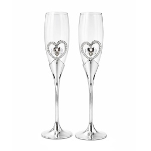 Set pahare șampanie AZAY cu inimă decorativă și cristale, 26.5 cm, pahare flute elegante, cadou cu cutie premium și tissue paper
