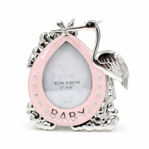 Ramă Foto BABY Barză Roz AZAY cu Cristale, 8x10 cm, Ramă Foto Nou-Născut, Cadou Botez Fetiță, Cutie Cadou Inclusă
