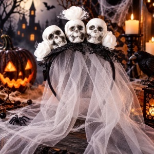 Bentiță Halloween, mireasă fantomă, cu 3 cranii decorative, trandafiri albi, dantelă neagră și voal lung din tul alb, accesoriu costum gothic horror,