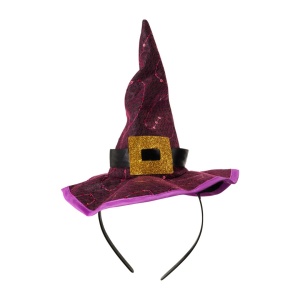 Bentiță Halloween, pălărie de vrăjitoare, cu vârf ascuțit, paiete roz, bandă neagră și cataramă aurie cu sclipici, boruri largi cu margine mov, accesoriu costum vrăjitoare