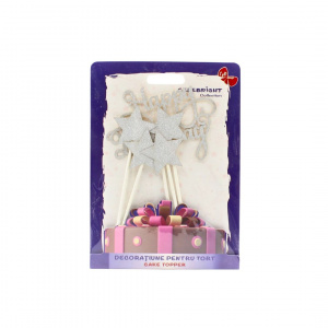 Cake Topper pentru tort cu mesaj Happy Birthday culoarea argintiu glitter