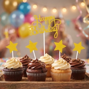 Cake Topper pentru tort cu mesaj Happy Birthday culoarea auriu glitter