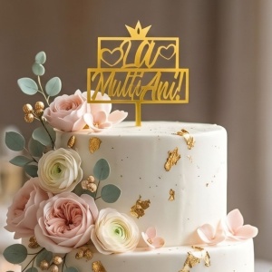 Cake Topper pentru tort cu mesaj La Mulți Ani și coroană aurie