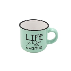 Cană cafea espresso Nekupto 80 ml, ceramică, gri, mesajul „LIFE IS ONE BIG ADVENTURE”