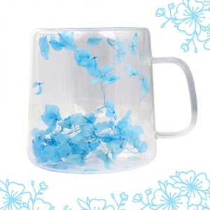 Cană cu flori albastre uscate, pereți dubli, sticlă borosilicată, 300 ml