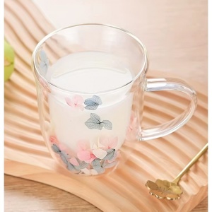 Cană cu flori uscate, pereți dubli, sticlă borosilicată, izolare termică, hortensie, 300 ml