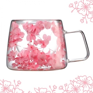 Cană cu flori uscate roz, pereți dubli, sticlă borosilicată, izolare termică, hortensie, 180 ml