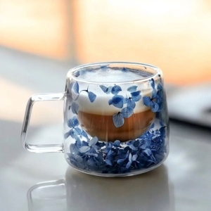 Cană cu hortensii albastre, pereți dubli, sticlă borosilicată, 180 ml, SZK154