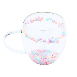 Cană cu inserție de biluțe colorate pastel, pereți dubli, sticlă borosilicată, 250 ml, Aurora Bloom