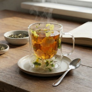 Cană cu inserție de flori uscate alb, galben și verde, hortensie și limonium, pereți dubli, sticlă borosilicată, 200 ml, Aurora Bloom