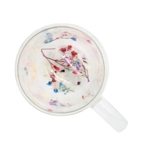 Cană cu inserție de flori uscate alb, roz și mov, hortensie și limonium, pereți dubli, sticlă borosilicată, 350 ml, Aurora Bloom