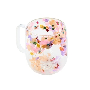 Cană cu inserție de flori uscate, hortensie culori pastel, pereți dubli, sticlă borosilicată, 250 ml, Aurora Bloom