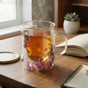 Cană cu inserție de flori uscate multicolore, floarea miresei, pereți dubli, sticlă borosilicată, 200 ml, Aurora Bloom