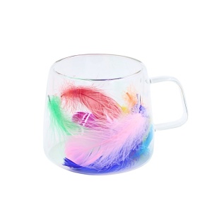 Cană cu inserție de pene multicolore, pereți dubli, sticlă borosilicată, 200 ml, Aurora Bloom